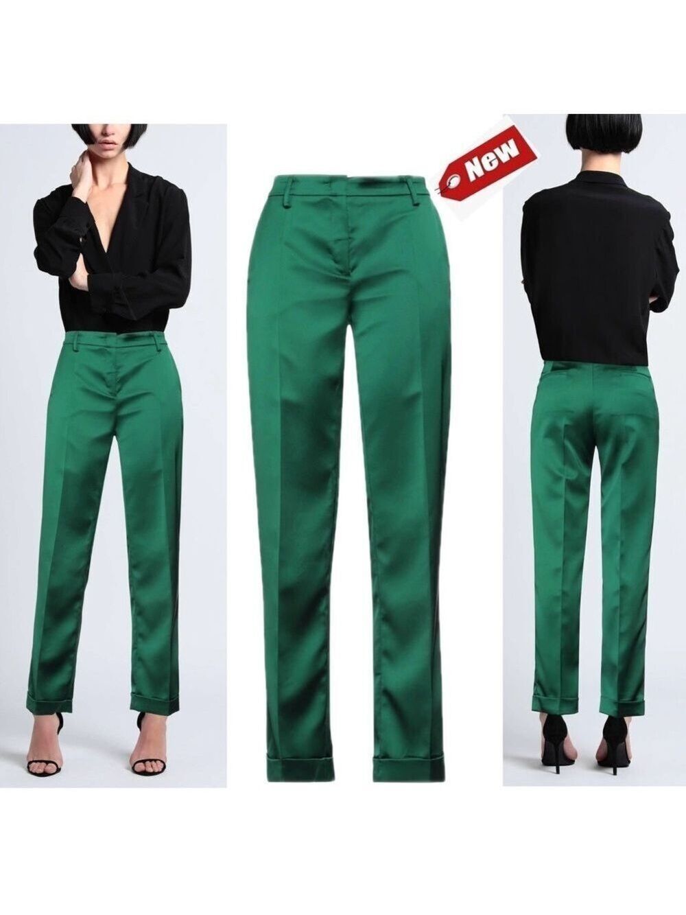 DOUUOD emerald green satin high waisted cuffed hem straight tailored pants NWT